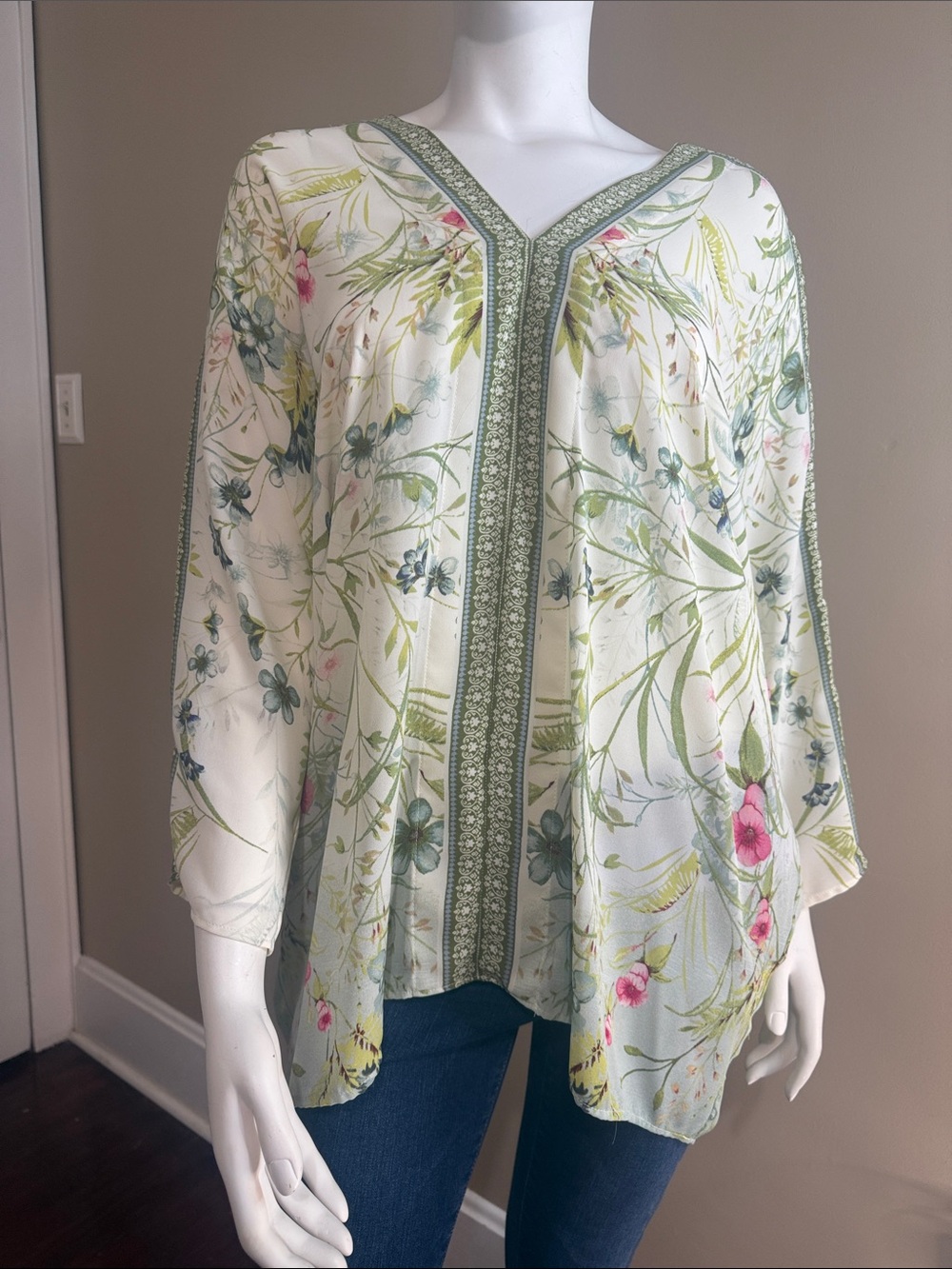 Rose & Olive Cream Tunic with Green Botanical Print and Pink Accents